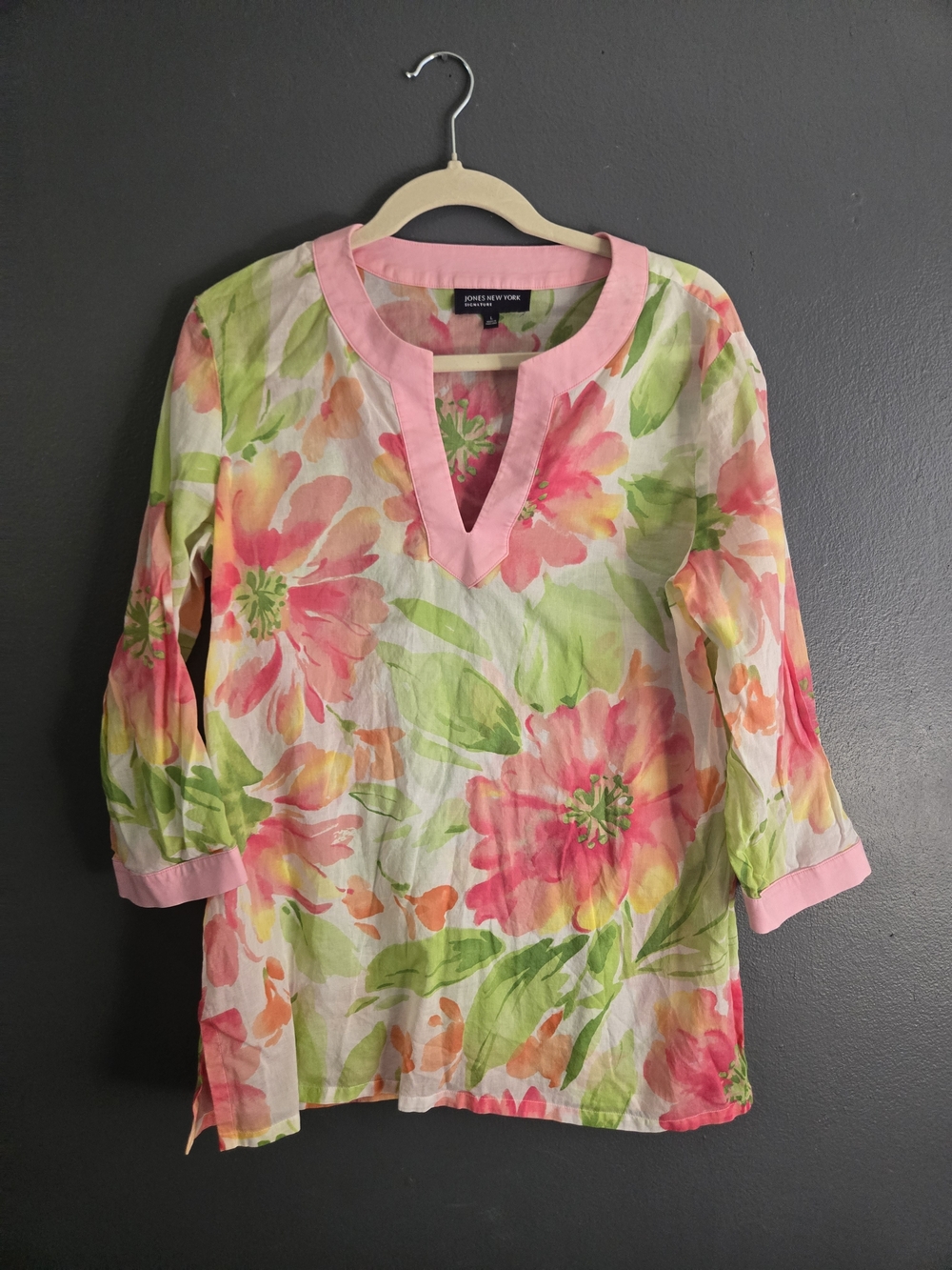 Jones New York Signature Cotton 3/4 Sleeve Watercolor Floral Tunic Large - Picture 4 of 6